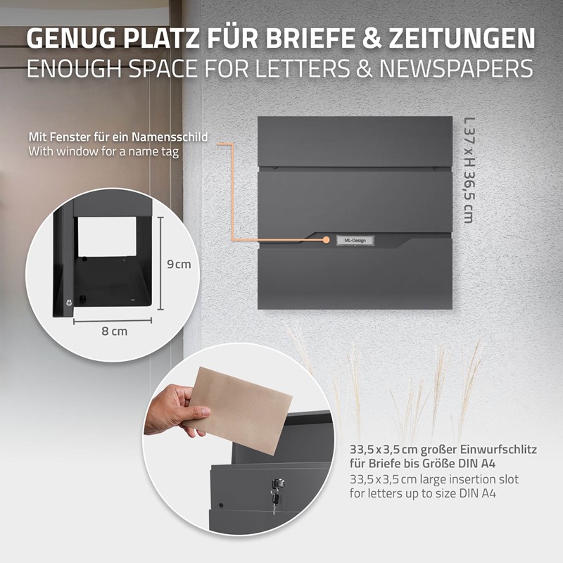 Standbriefkasten mit Zeitungsfach 37x36,5x10,5 cm Anthrazit aus Edelstahl ML-Design