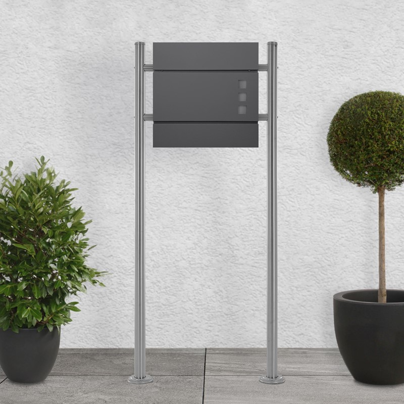 Standbriefkasten mit Zeitungsfach 37 cm Anthrazit inkl. Ständer 120 cm hoch Silber Briefkasten freistehend