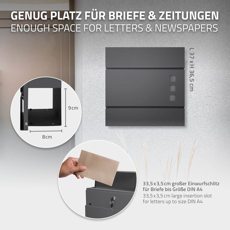Standbriefkasten mit Zeitungsfach 37 cm Anthrazit inkl. Ständer 120 cm hoch Silber Briefkasten freistehend