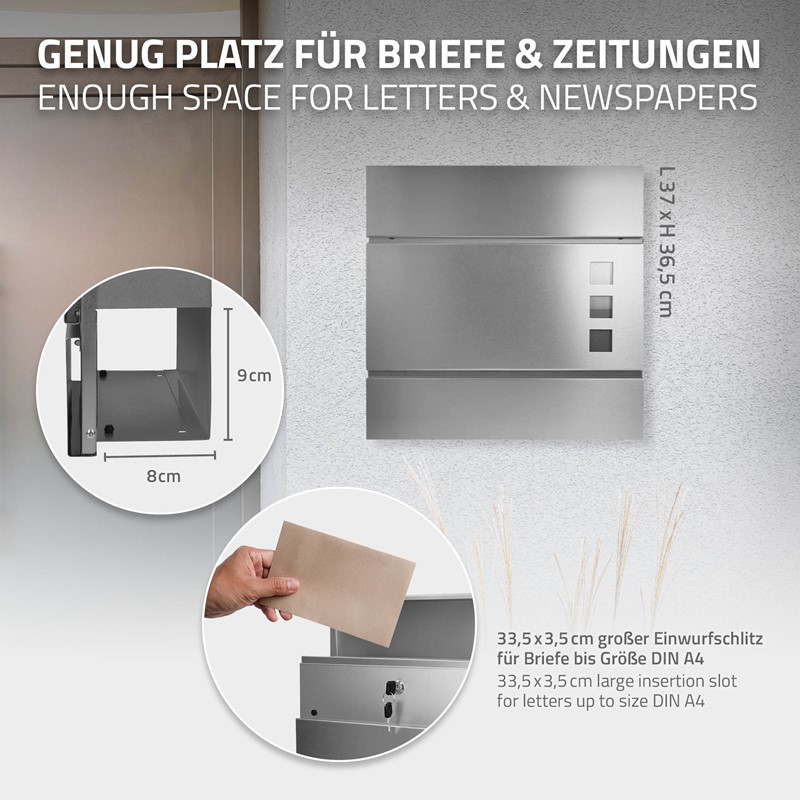 Standbriefkasten mit Zeitungsfach 37x36,5x10,5 cm Silber aus Stahl
