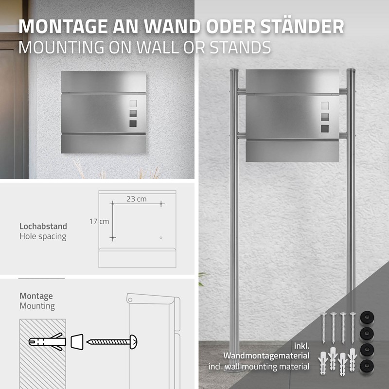 Standbriefkasten mit Zeitungsfach 37x36,5x10,5 cm Silber aus Stahl