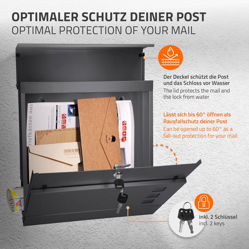 Standbriefkasten mit Zeitungsfach 37 cm Anthrazit inkl. Ständer 170 cm hoch Anthrazit Briefkasten freistehend