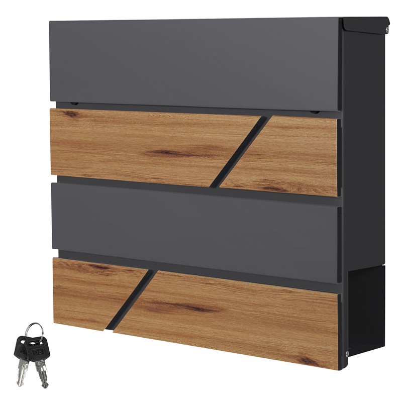 Briefkasten mit Zeitungsfach 37x36,5x11 cm Anthrazit/Holzoptik aus Stahl ML-Design