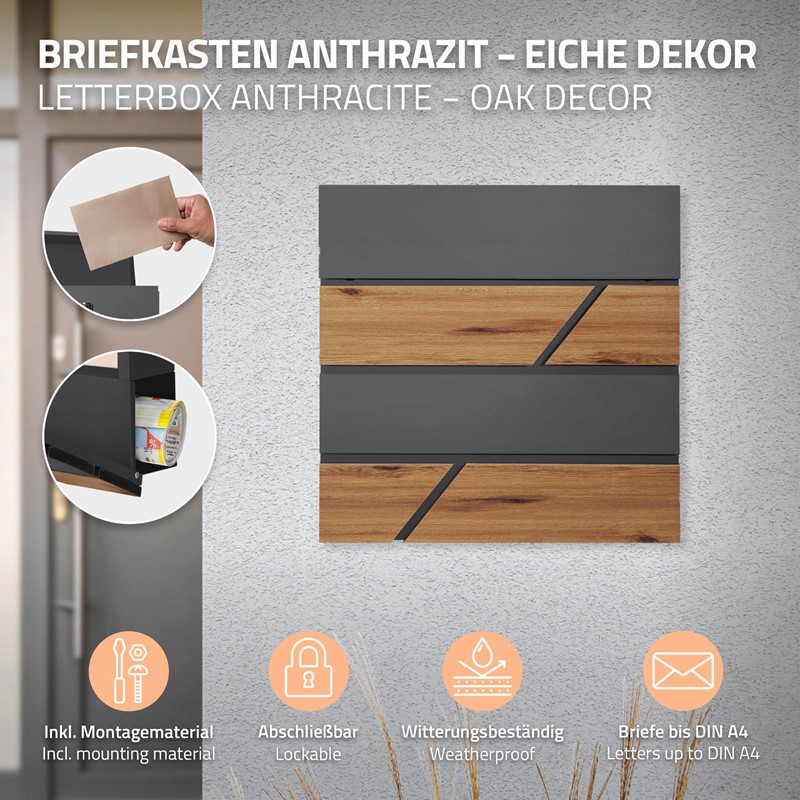Briefkasten mit Zeitungsfach 37x36,5x11 cm Anthrazit/Holzoptik aus Stahl ML-Design