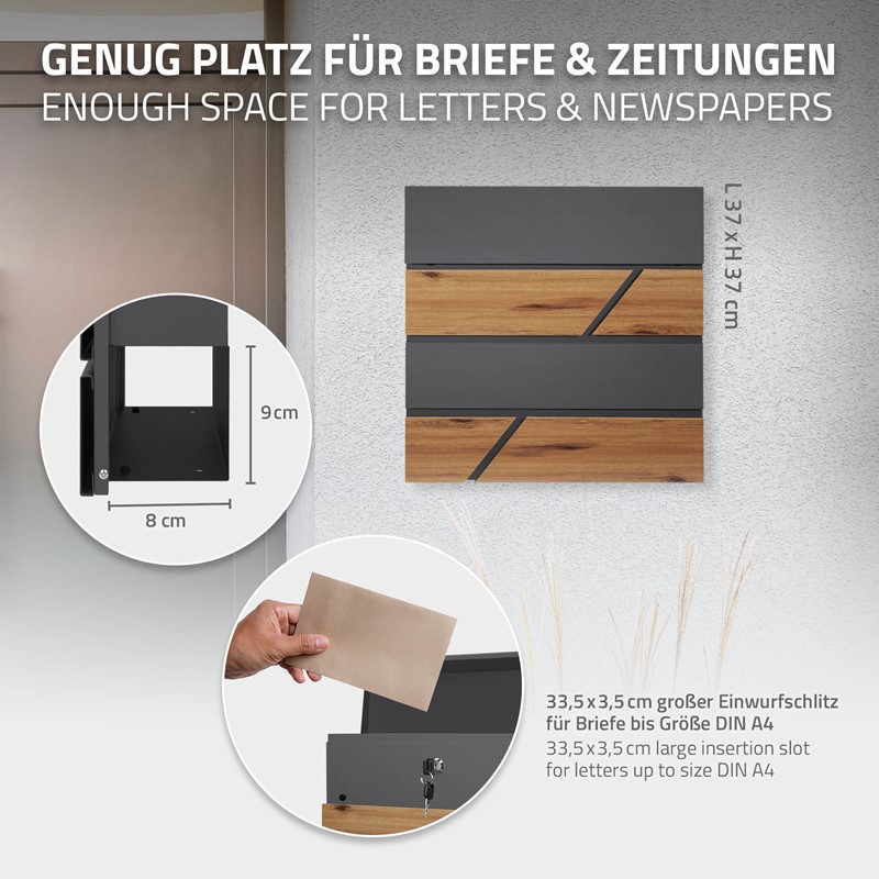 Briefkasten mit Zeitungsfach 37x36,5x11 cm Anthrazit/Holzoptik aus Stahl ML-Design
