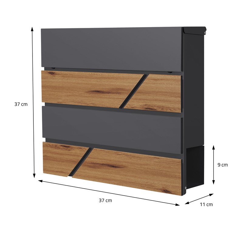 Briefkasten mit Zeitungsfach 37x36,5x11 cm Anthrazit/Holzoptik aus Stahl ML-Design