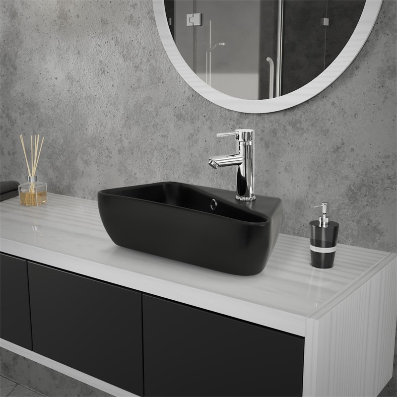 Waschbecken Eckigform mit Überlauf 45x27x13 cm Schwarz aus Keramik LuxeBath Waschbecken Eckigform mit Überlauf 45x27x13 cm Schwarz aus Keramik LuxeBath