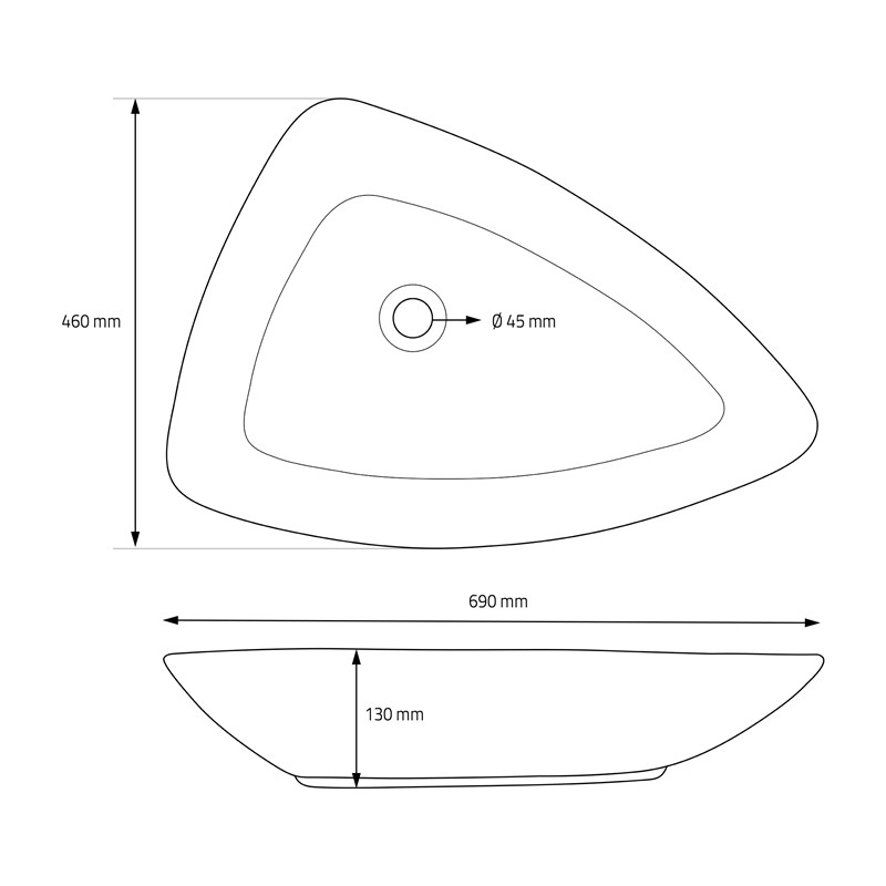 Waschbecken Dreieckig ohne Überlauf 69x46x13 cm Weiß aus Keramik LuxeBath