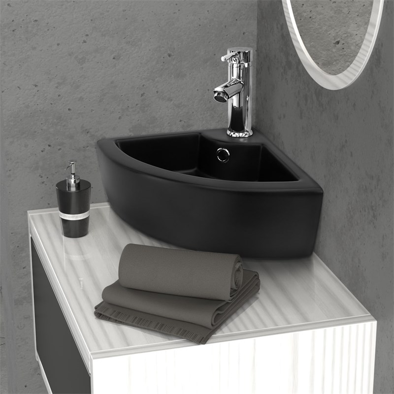 Waschbecken Dreieckig mit Überlauf 46x33x13 cm Schwarz aus Keramik LuxeBath Waschbecken Dreieckig mit Überlauf 46x33x13 cm Schwarz aus Keramik LuxeBath