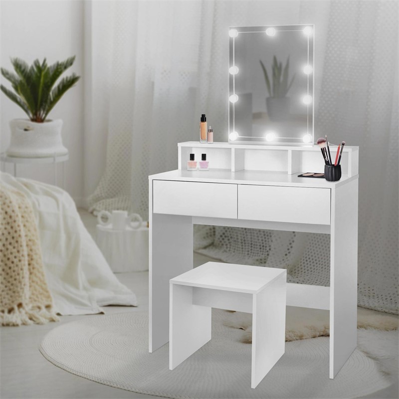 Schminktisch Frisiertisch 80x40x140 cm in Weiß mit LED-Beleuchtung, Spiegel, 2 Schubladen & Hocker ML-Design