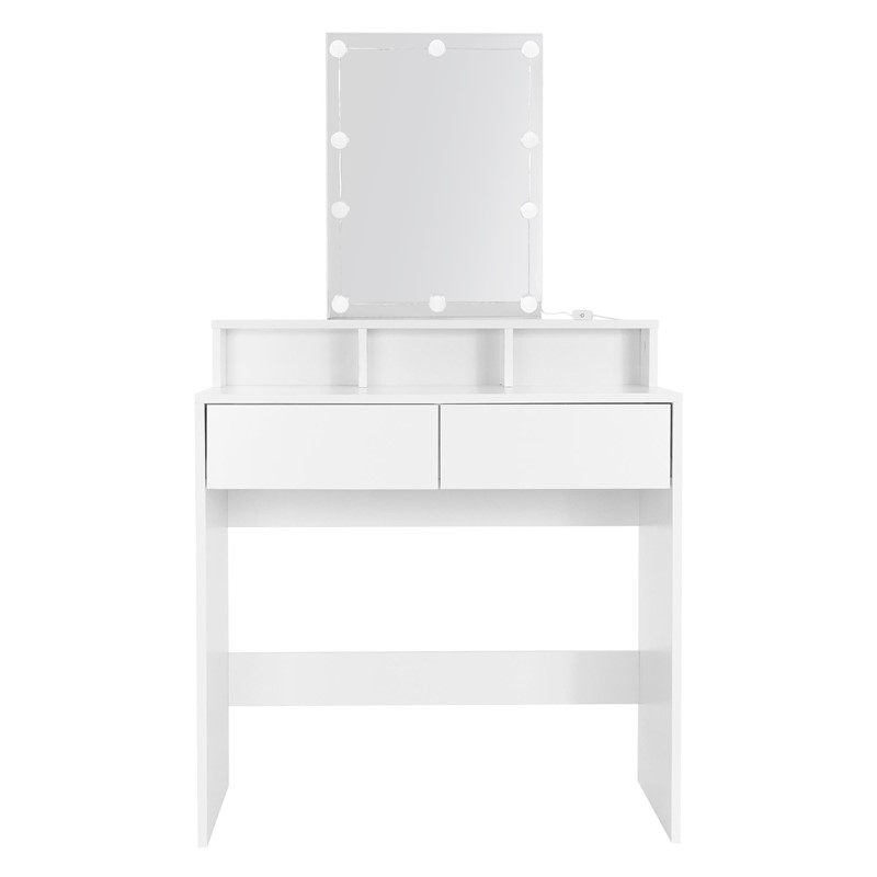 Schminktisch Frisiertisch 80x40x140 cm in Weiß mit LED-Beleuchtung, Spiegel, 2 Schubladen & Hocker ML-Design