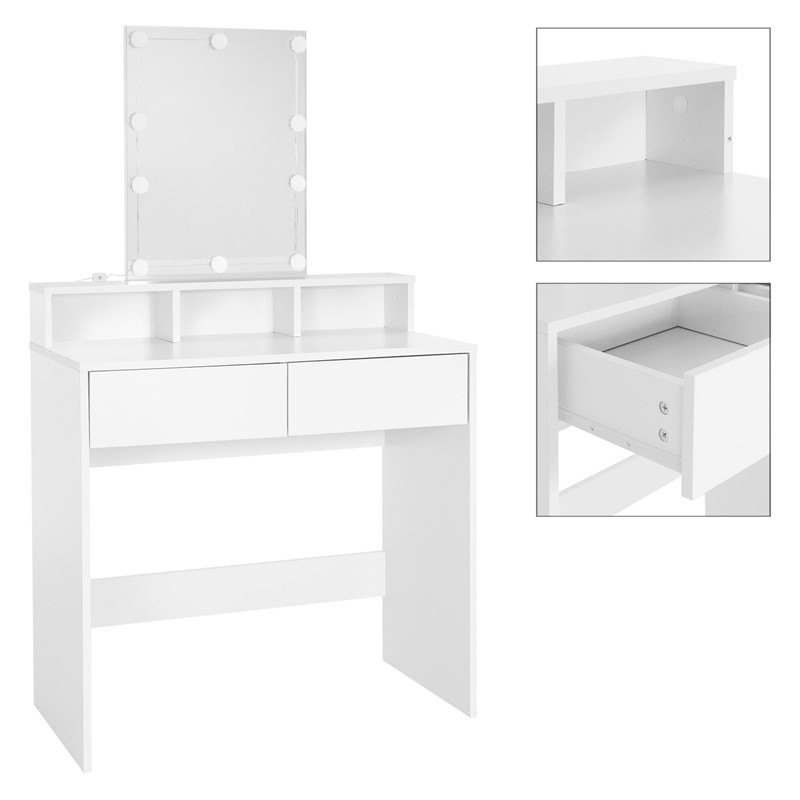 Schminktisch Frisiertisch 80x40x140 cm in Weiß mit LED-Beleuchtung, Spiegel, 2 Schubladen & Hocker ML-Design