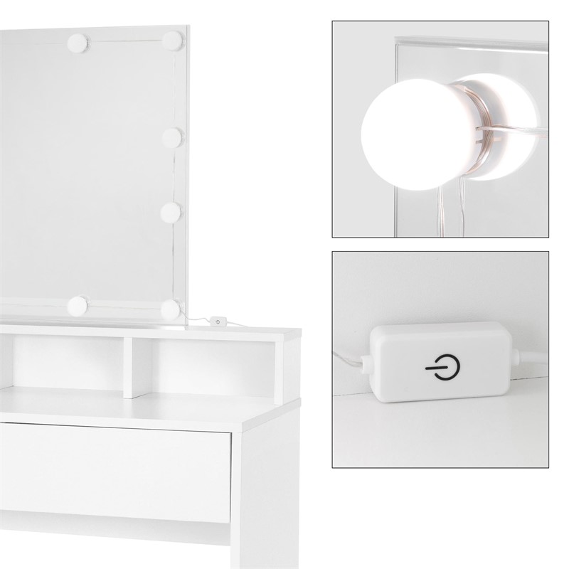 Schminktisch Frisiertisch 80x40x140 cm in Weiß mit LED-Beleuchtung, Spiegel, 2 Schubladen & Hocker ML-Design