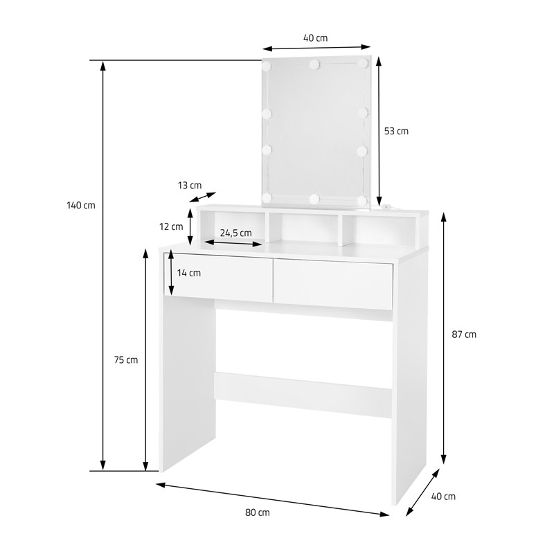 Schminktisch Frisiertisch 80x40x140 cm in Weiß mit LED-Beleuchtung, Spiegel, 2 Schubladen & Hocker ML-Design