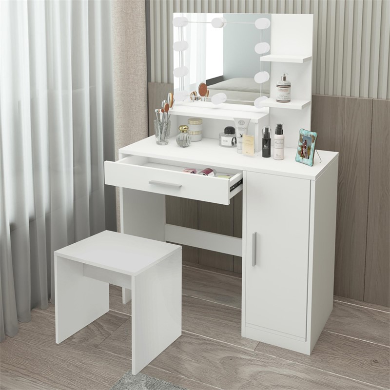 Schminktisch Frisiertisch 90x38x137 cm in Weiß mit LED Beleuchtung, Spiegel, Schublade, Schrank & Hocker ML-Design Schminktisch Frisiertisch 90x38x137 cm in Weiß mit LED Beleuchtung, Spiegel, Schublade, Schrank & Hocker ML-Design