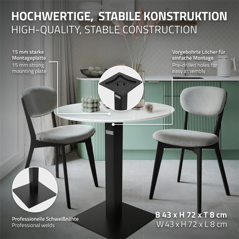 Tischgestell Single Schwarz Höhe 72cm aus pulverbeschichteteter Stahl 43x43 cm Bodenplatte Montagematerial ML-Design