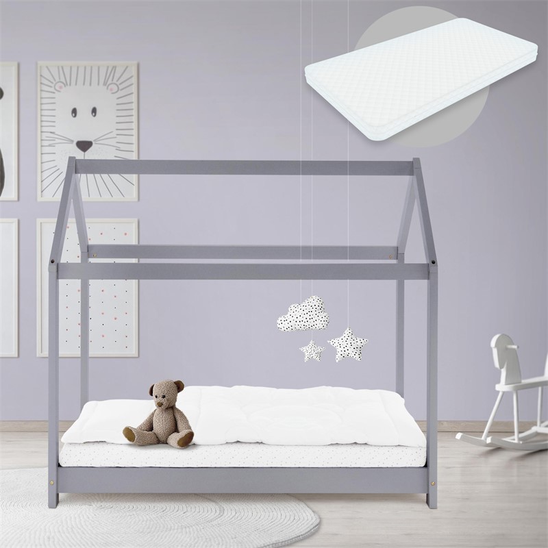 Kinderbett Hausbett 70x140 cm Hellgrau aus Kiefernholz inkl. Matratze H-10cm Holzbett mit Dach und Lattenrost ML-Design Kinderbett Hausbett 70x140 cm Hellgrau aus Kiefernholz inkl. Matratze H-10cm Holzbett mit Dach und Lattenrost ML-Design