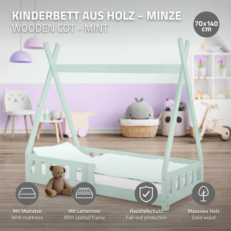 Kinderbett Tipi 70x140 cm Minze aus Kiefernholz inkl. Matratze H-10cm Rausfallschutz und Lattenrost ML-Design