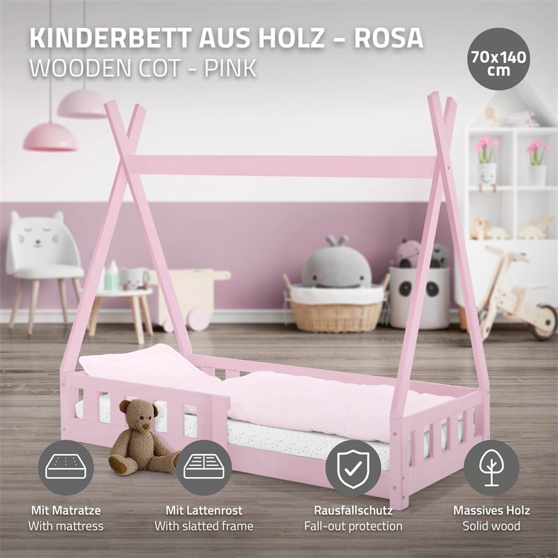 Kinderbett Tipi 70x140 cm Rosa aus Kiefernholz inkl. Matratze H-10cm Rausfallschutz und Lattenrost ML-Design