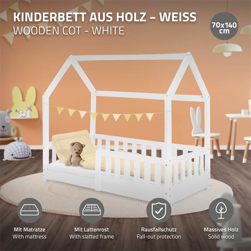 Kinderbett Hausbett 70x140 cm Weiß aus Kiefernholz inkl. Matratze H-10cm Rausfallschutz Dach und Lattenrost ML-Design