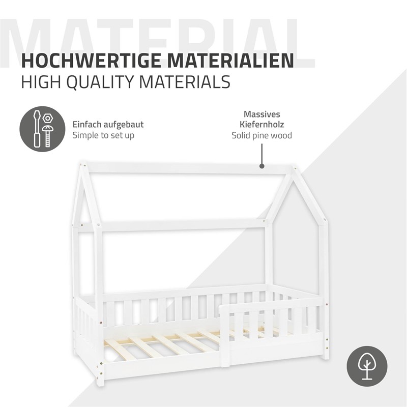 Kinderbett Hausbett 70x140 cm Weiß aus Kiefernholz inkl. Matratze H-10cm Rausfallschutz Dach und Lattenrost ML-Design