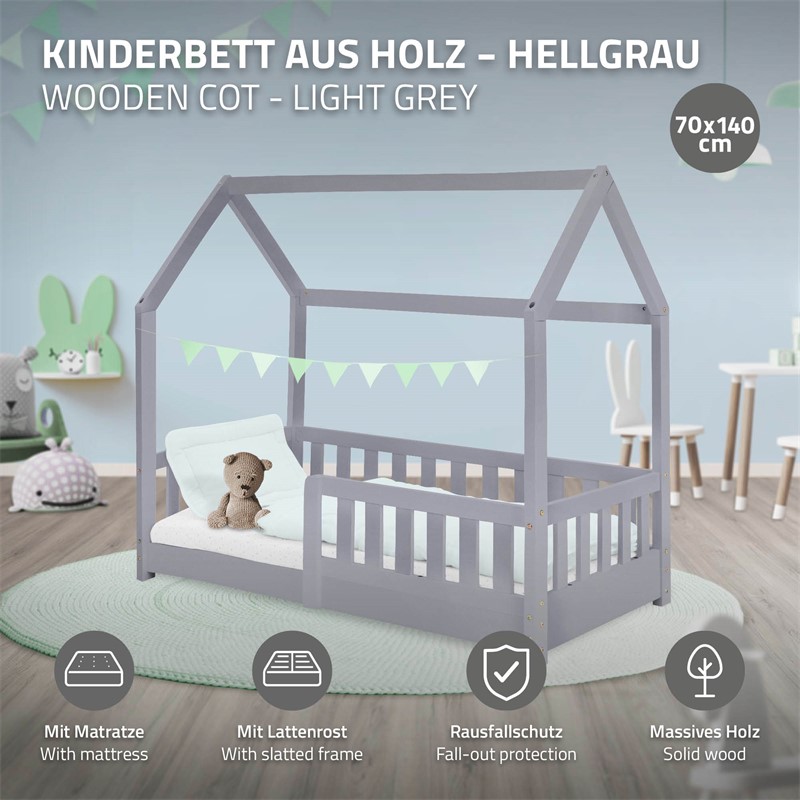 Kinderbett Hausbett 70x140 cm Hellgrau aus Kiefernholz inkl. Matratze H-10cm Rausfallschutz Dach und Lattenrost ML-Design