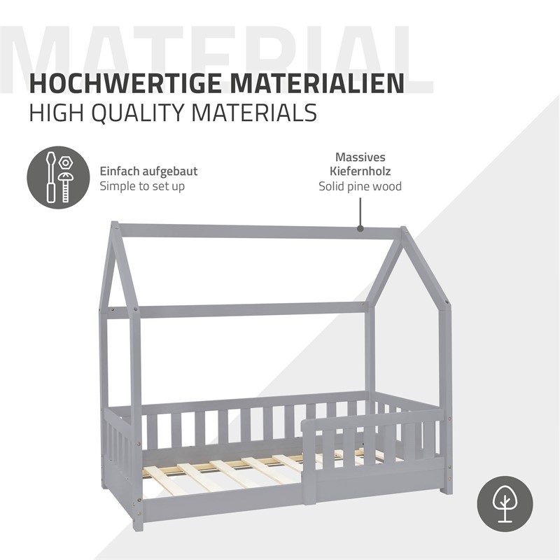 Kinderbett Hausbett 70x140 cm Hellgrau aus Kiefernholz inkl. Matratze H-10cm Rausfallschutz Dach und Lattenrost ML-Design