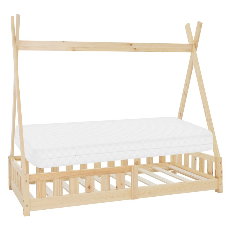 Kinderbett Tipi 80x160 cm aus Kiefernholz inkl. Matratze H-10cm Rausfallschutz und Lattenrost ML-Design