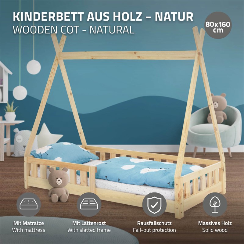 Kinderbett Tipi 80x160 cm aus Kiefernholz inkl. Matratze H-10cm Rausfallschutz und Lattenrost ML-Design