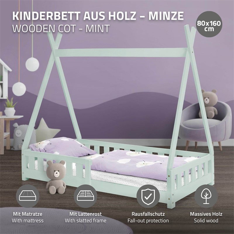 Kinderbett Tipi 80x160 cm Minze aus Kiefernholz inkl. Matratze H-10cm Rausfallschutz und Lattenrost ML-Design