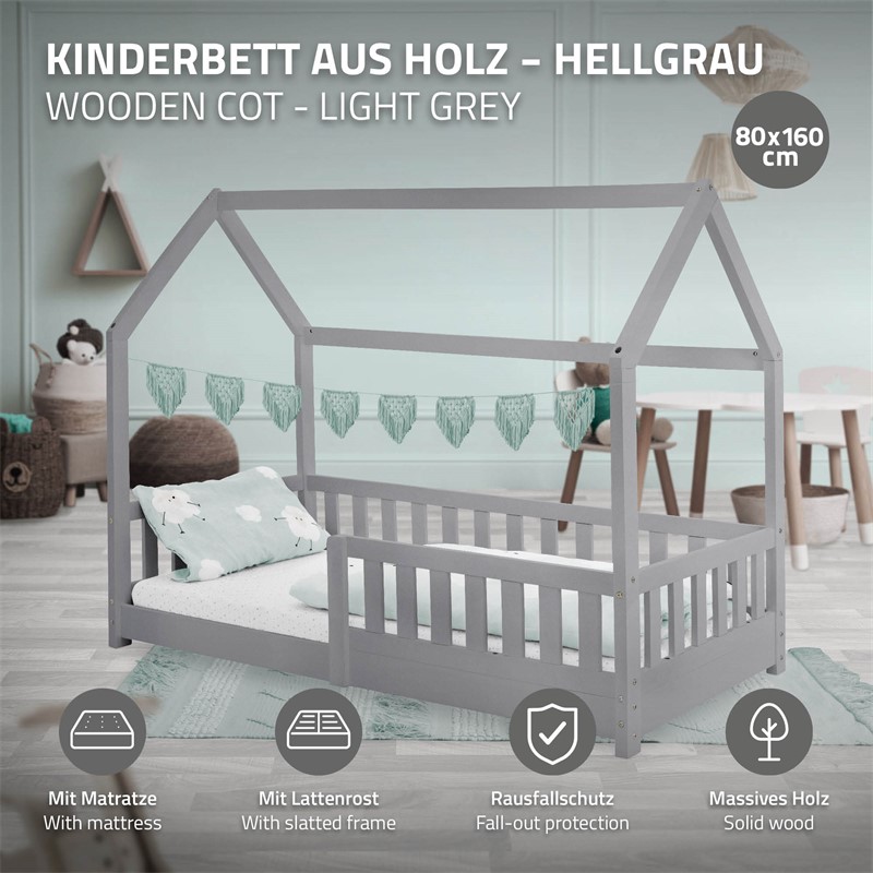 Kinderbett Hausbett 80x160 cm Hellgrau aus Kiefernholz inkl. Matratze H-10cm Rausfallschutz Dach und Lattenrost ML-Design