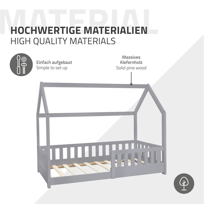 Kinderbett Hausbett 80x160 cm Hellgrau aus Kiefernholz inkl. Matratze H-10cm Rausfallschutz Dach und Lattenrost ML-Design