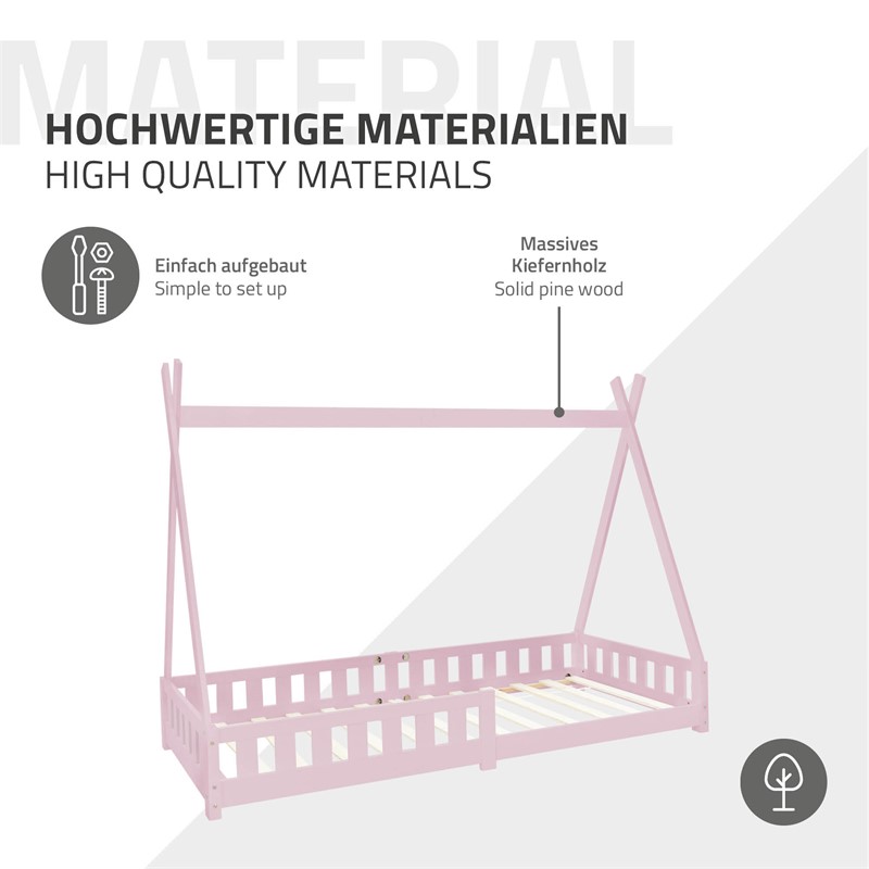 Kinderbett Tipi 90x200 cm Rosa aus Kiefernholz inkl. Matratze H-10cm Rausfallschutz und Lattenrost ML-Design