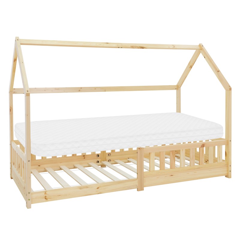 Kinderbett Hausbett 90x200 cm aus Kiefernholz inkl. Matratze H-10cm Rausfallschutz Dach und Lattenrost ML-Design