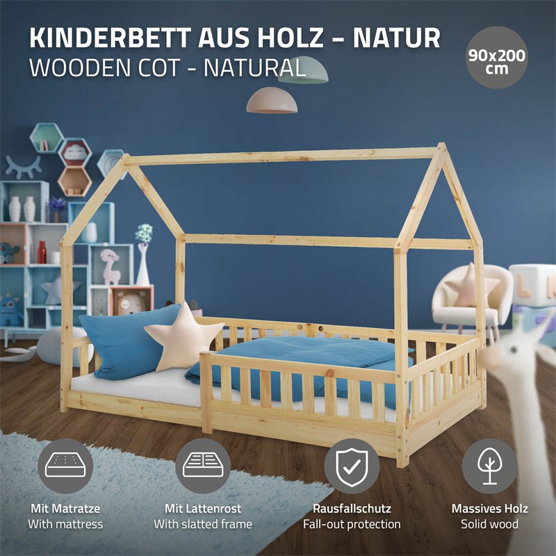 Kinderbett Hausbett 90x200 cm aus Kiefernholz inkl. Matratze H-10cm Rausfallschutz Dach und Lattenrost ML-Design