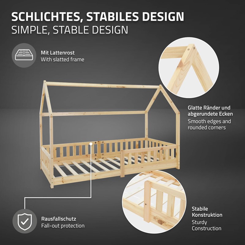 Kinderbett Hausbett 90x200 cm aus Kiefernholz inkl. Matratze H-10cm Rausfallschutz Dach und Lattenrost ML-Design