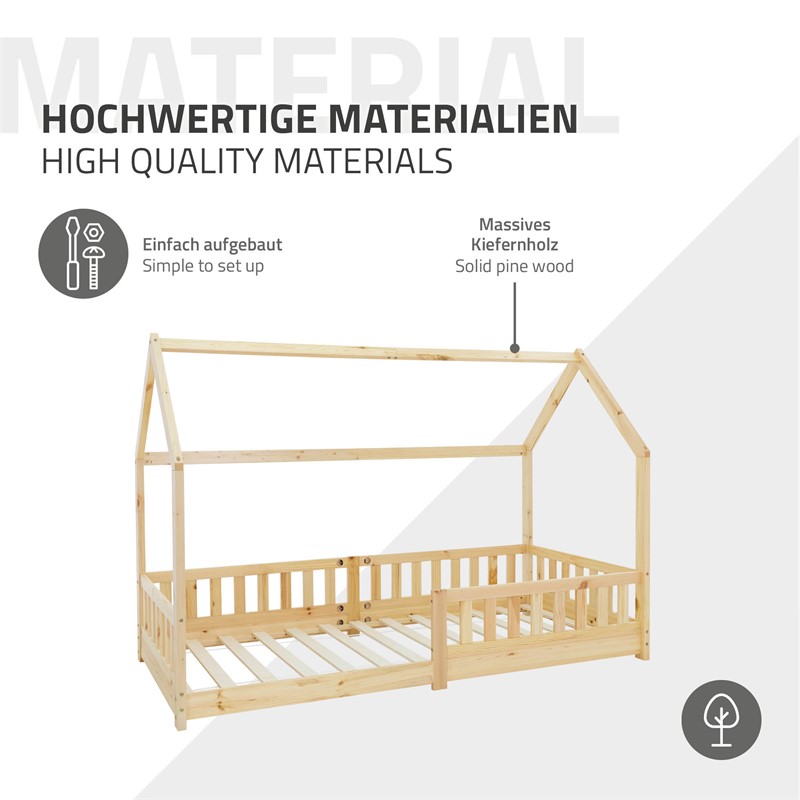 Kinderbett Hausbett 90x200 cm aus Kiefernholz inkl. Matratze H-10cm Rausfallschutz Dach und Lattenrost ML-Design