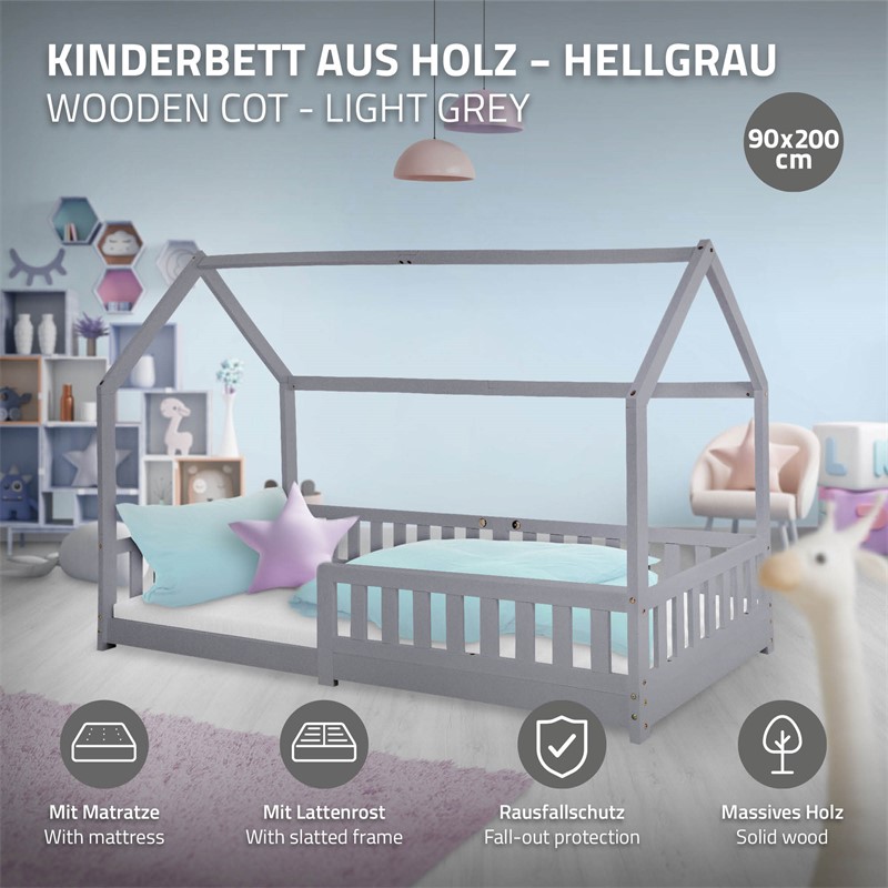 Kinderbett Hausbett 90x200 cm Hellgrau aus Kiefernholz inkl. Matratze H-10cm Rausfallschutz Dach und Lattenrost ML-Design