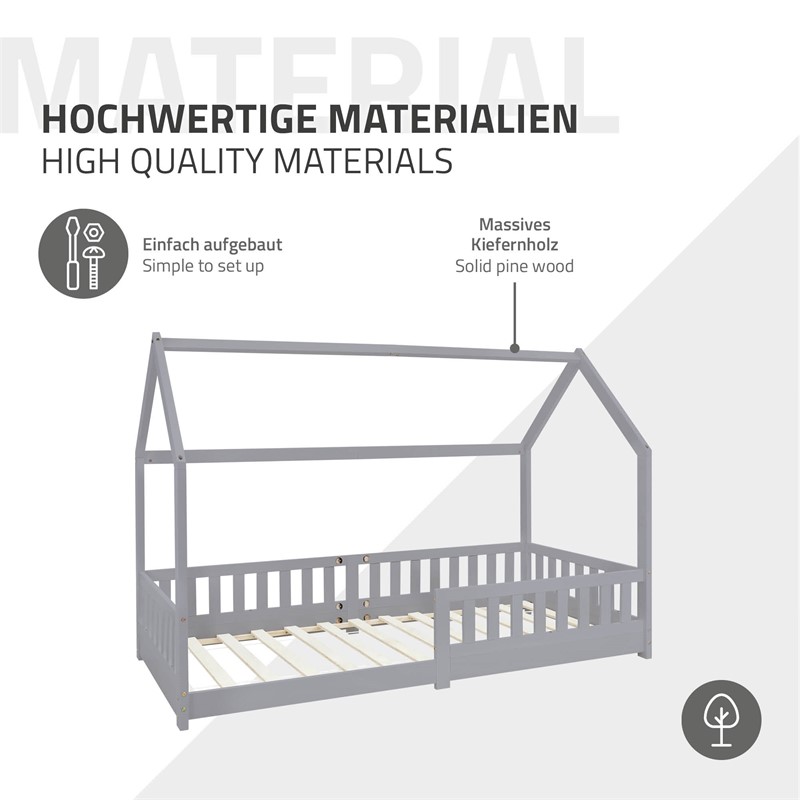 Kinderbett Hausbett 90x200 cm Hellgrau aus Kiefernholz inkl. Matratze H-10cm Rausfallschutz Dach und Lattenrost ML-Design