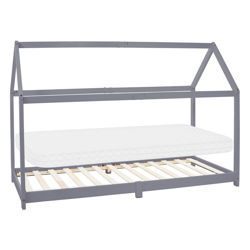 Kinderbett Hausbett 90x200 cm Hellgrau aus Kiefernholz inkl. Matratze H-10cm Holzbett mit Dach und Lattenrost ML-Design