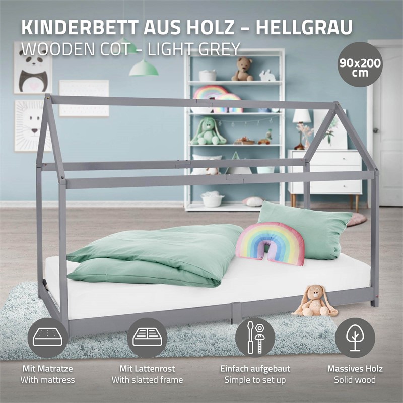 Kinderbett Hausbett 90x200 cm Hellgrau aus Kiefernholz inkl. Matratze H-10cm Holzbett mit Dach und Lattenrost ML-Design
