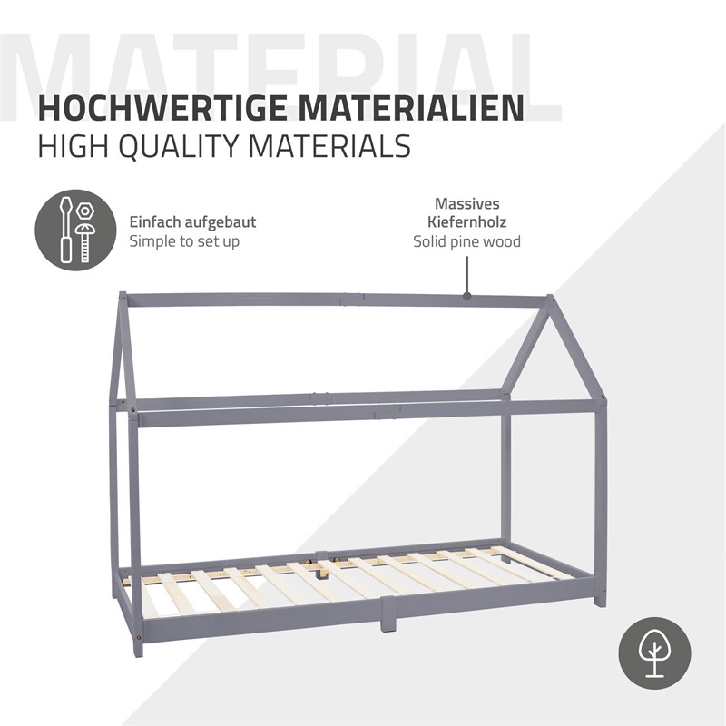 Kinderbett Hausbett 90x200 cm Hellgrau aus Kiefernholz inkl. Matratze H-10cm Holzbett mit Dach und Lattenrost ML-Design