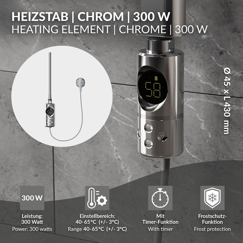 Heizstab 300W Chrome mit Thermostat und LCD Bildschirm LuxeBath