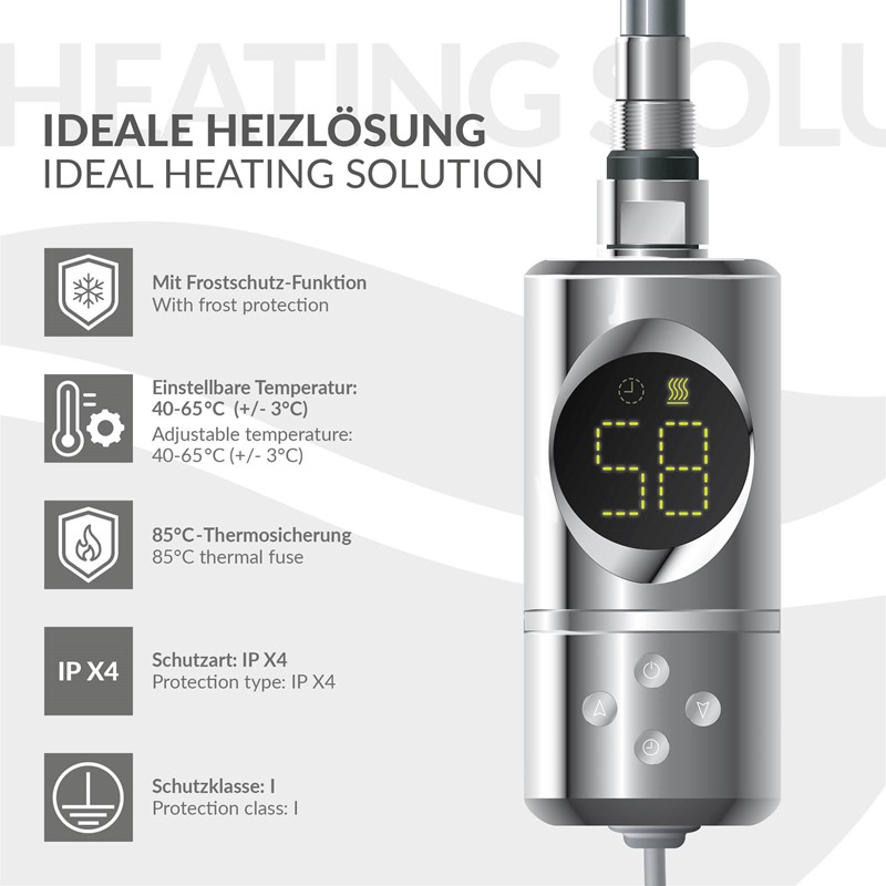 Heizstab 300W Chrome mit Thermostat und LCD Bildschirm LuxeBath
