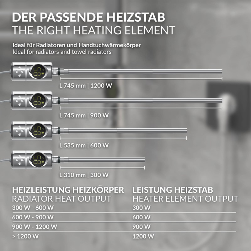 Heizstab 300W Chrome mit Thermostat und LCD Bildschirm LuxeBath