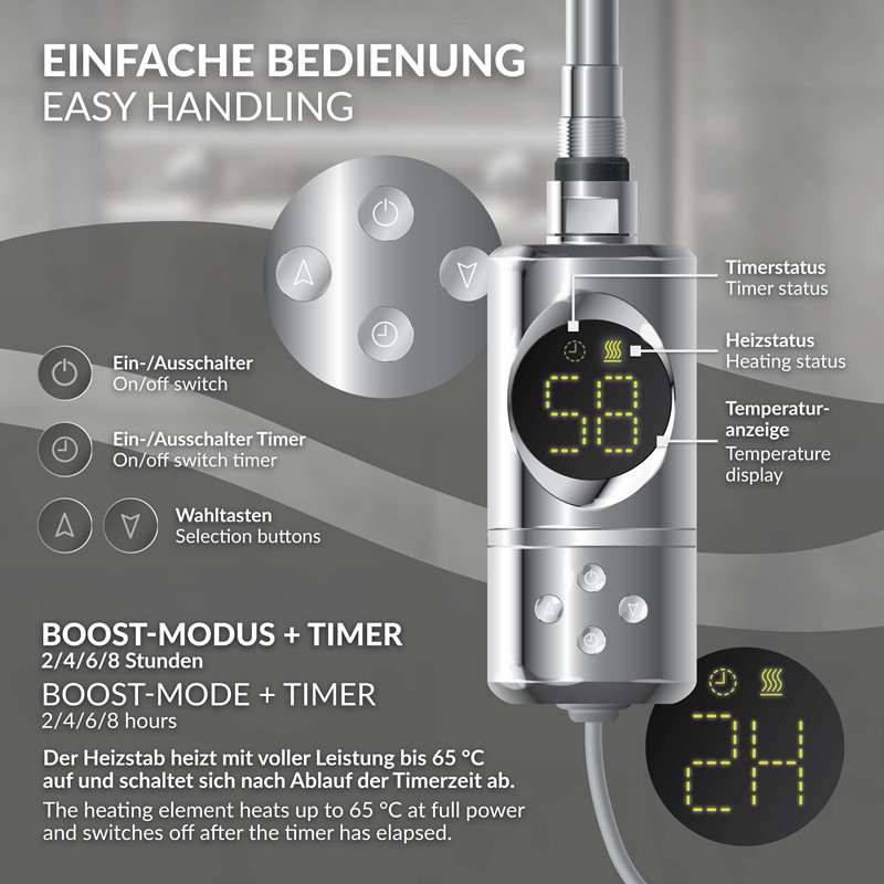 Heizstab 600W Chrome mit Thermostat und LCD Bildschirm LuxeBath
