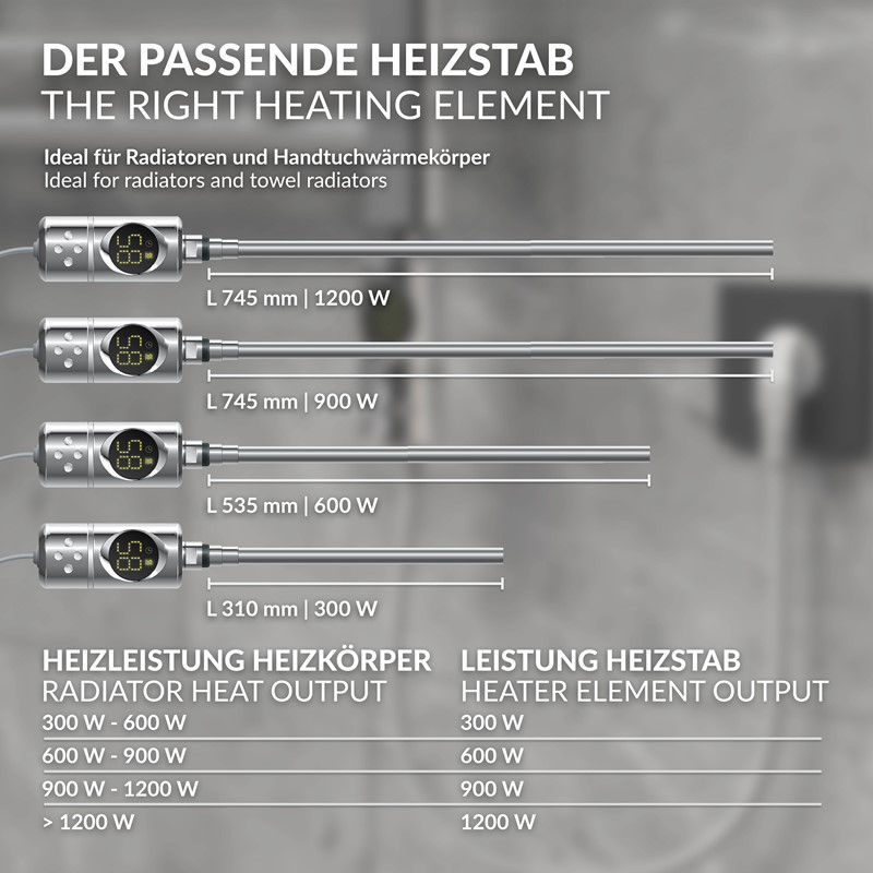 Heizstab 600W Chrome mit Thermostat und LCD Bildschirm LuxeBath