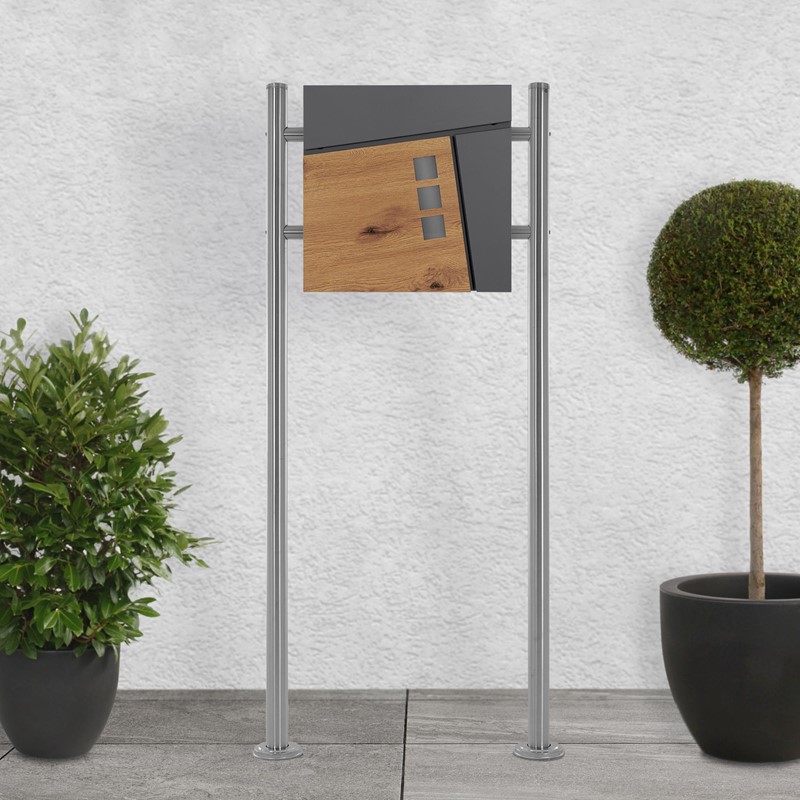 Standbriefkasten mit Zeitungsfach 37x36,5x11 cm Anthrazit/Holzoptik aus Stahl ML-Design, Modernes Asymetrisches Design, Standhöhe 120cm Silber Doppelfuß