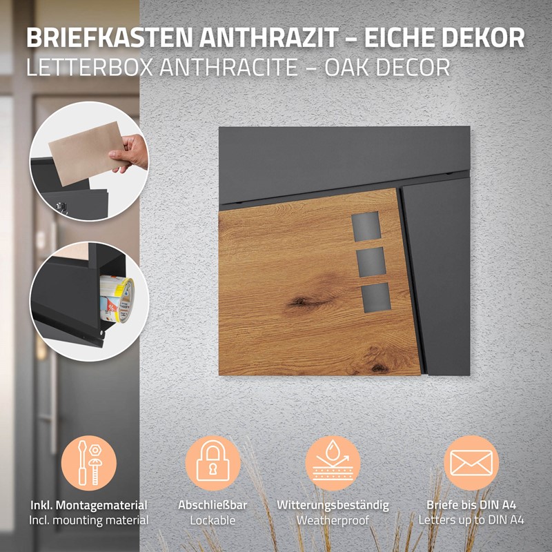 Standbriefkasten mit Zeitungsfach 37x36,5x11 cm Anthrazit/Holzoptik aus Stahl ML-Design, Modernes Asymetrisches Design, Standhöhe 120cm Silber Doppelfuß