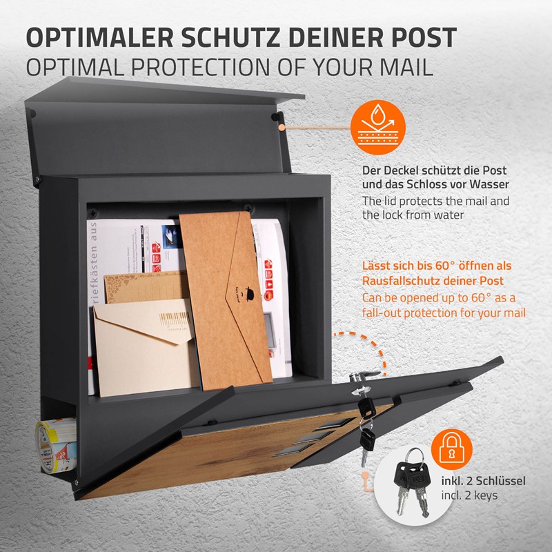 Standbriefkasten mit Zeitungsfach 37x36,5x11 cm Anthrazit/Holzoptik aus Stahl ML-Design, Modernes Asymetrisches Design, Standhöhe 120cm Silber Doppelfuß